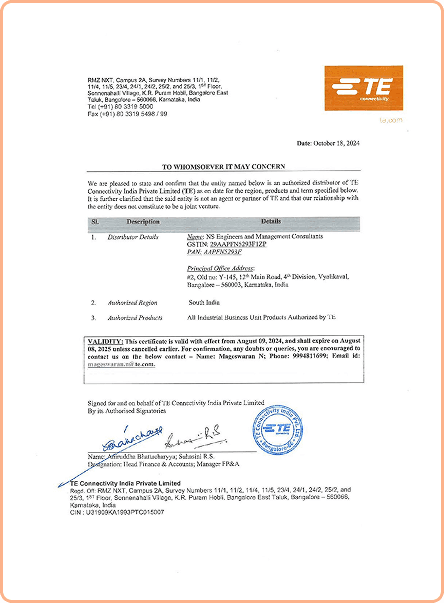 TE Connectivity certificate